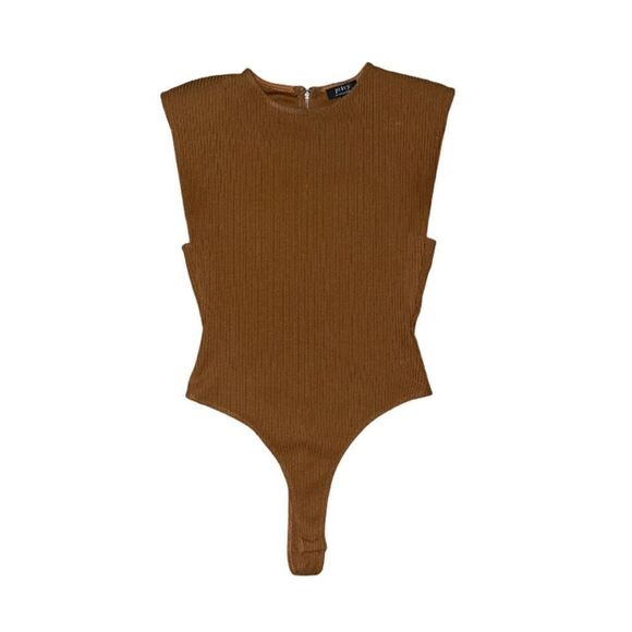 Privy Chestnut Brown Ribbed Thong Bodysuit Shoulder Pads Tank Mushroom Body Suit - Picture 1 of 6